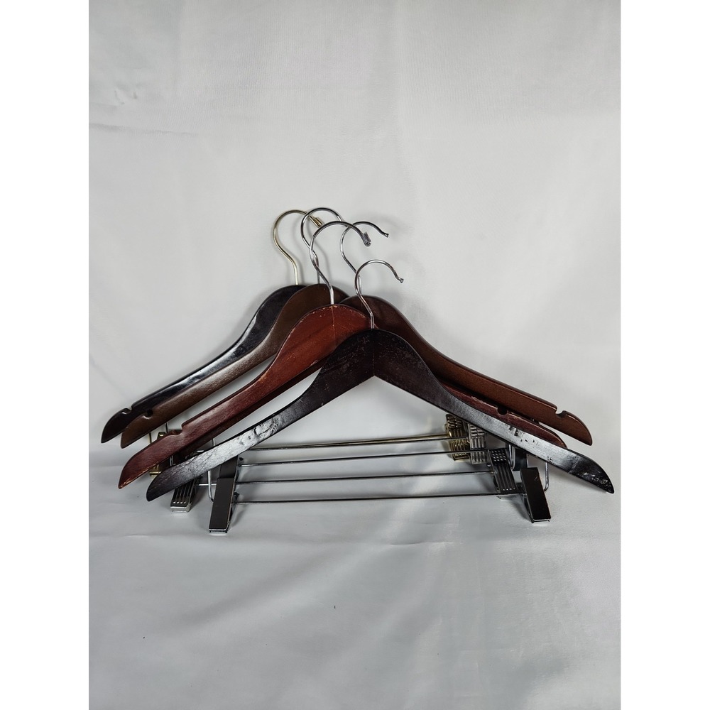 Lot of 5 Wooden Suit Hangers with Adjustable Clips For Pants Skirts Dark Wood